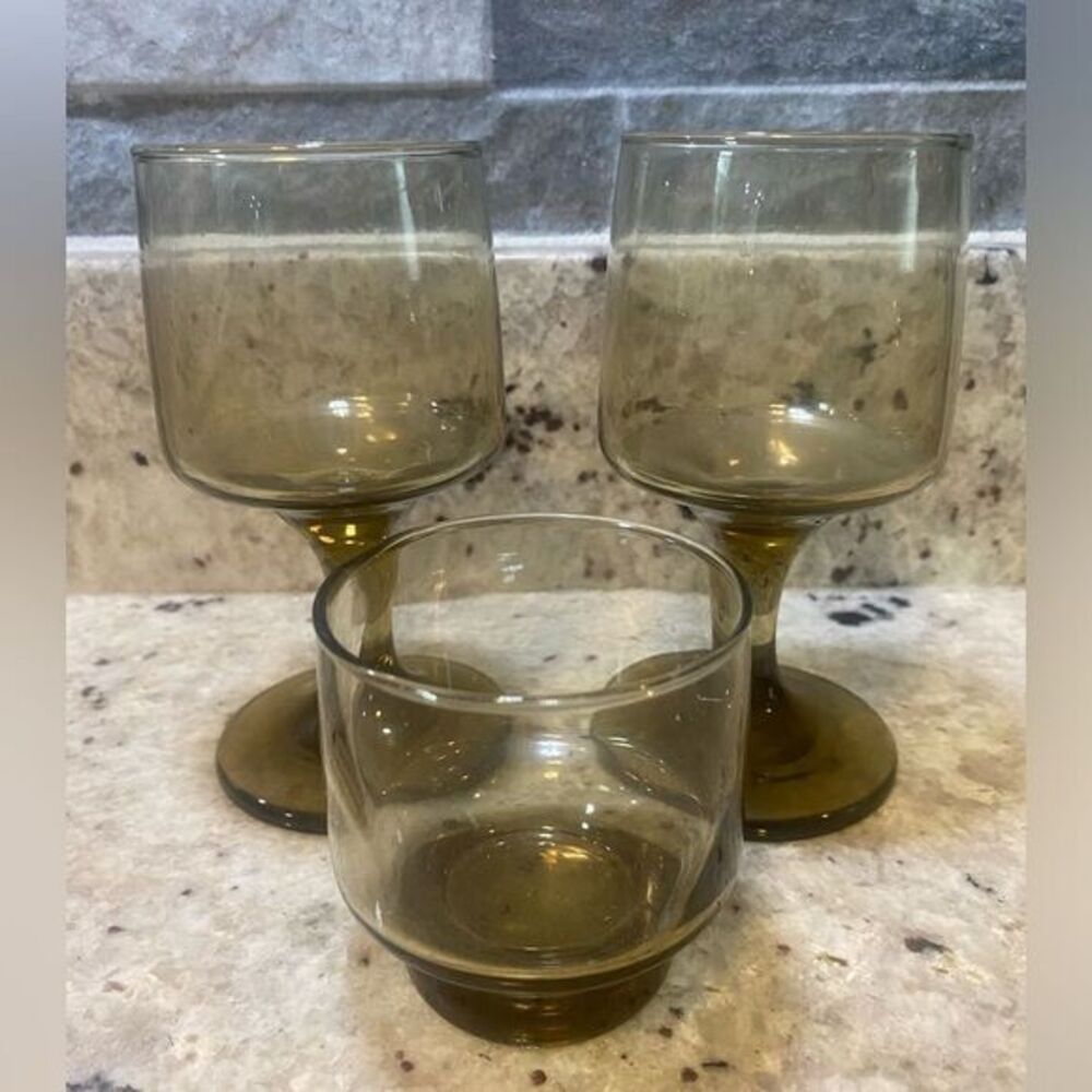 Vintage‎ Mid Century Modern Smoked Stemmed Small Wine Goblets With Shot Glass